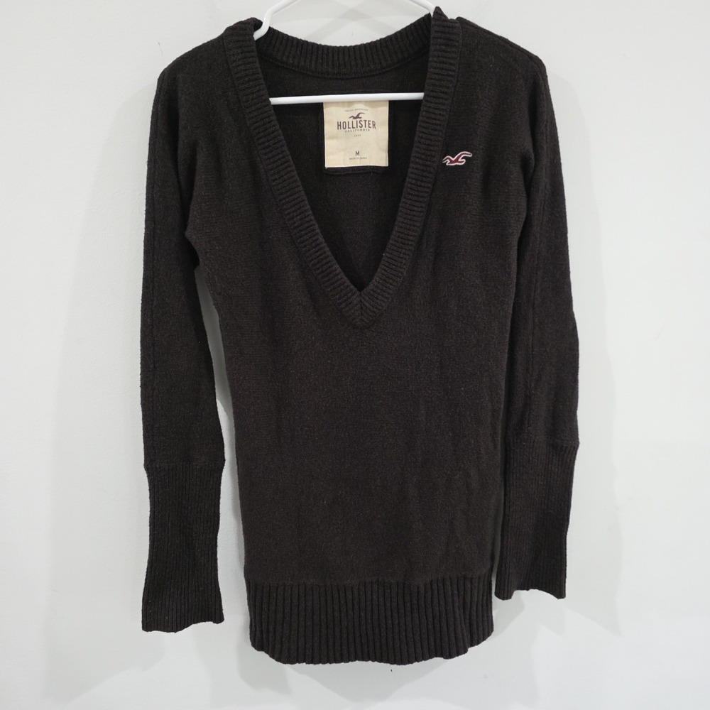 Y2K Vintage Hollister Womens V Neck Tunic Sweater Sz Medium Brown Fitted Rabbit